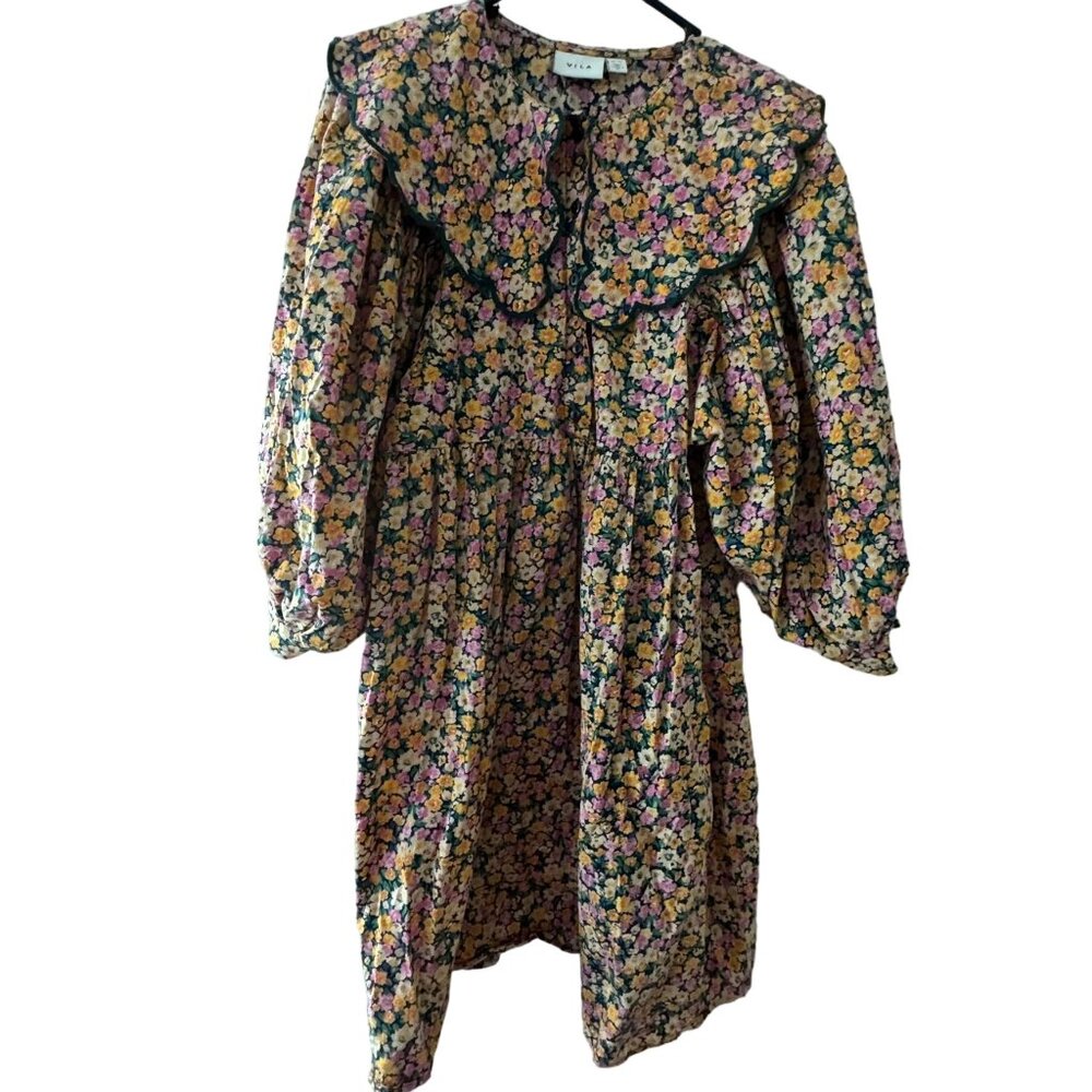 Vila Floral Puff Sleeve Peasant Coquette Mini Dress Ruffled Collar - Picture 1 of 7